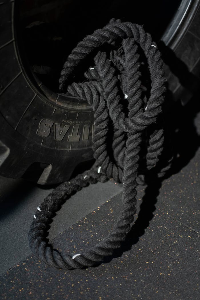 why-choose-us Detailed view of gym equipment including a heavy rope and tire, ideal for fitness training