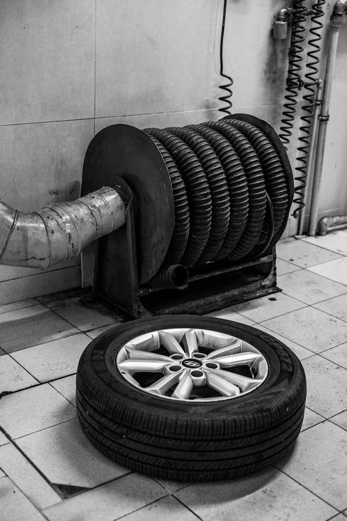 gallery-4 A black and white photo of a tire on the floor of a car repair shop next to equipment.